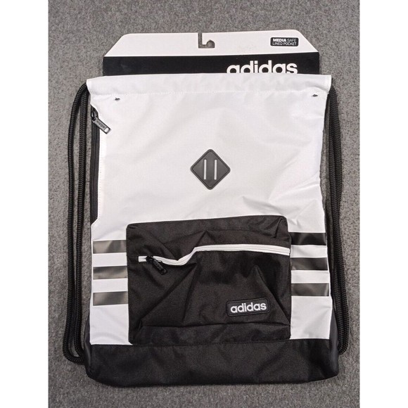 Adidas "Sack Pack" White Black - 18 X 14  Media Safe Lined Pocket New - Picture 9 of 9